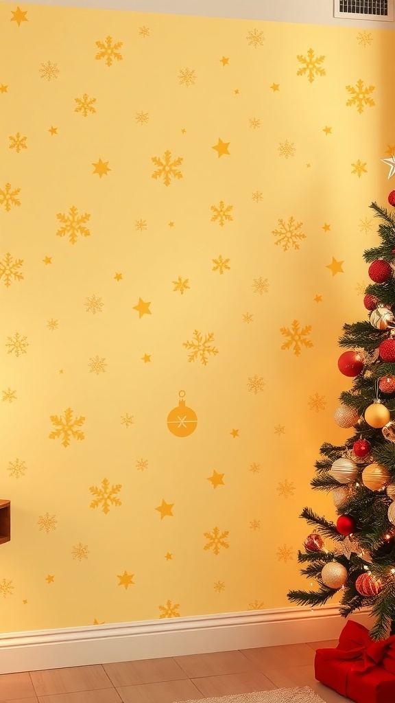 Aesthetic Yellow Christmas Wallpaper Aesthetic yellow Christmas wallpaper with snowflakes and ornaments, creating a festive holiday atmosphere.